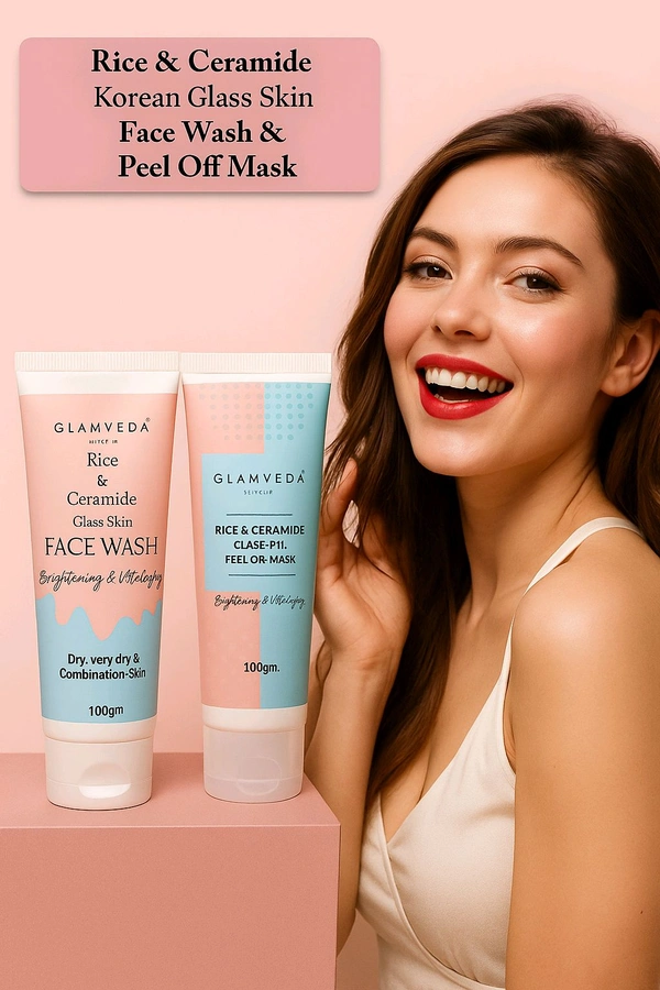 Glamveda Rice & Ceramide Korean Glass Skin Combo ( Face wash + Peel Off Mask ) | Skin Brightening & Anti Dullness

