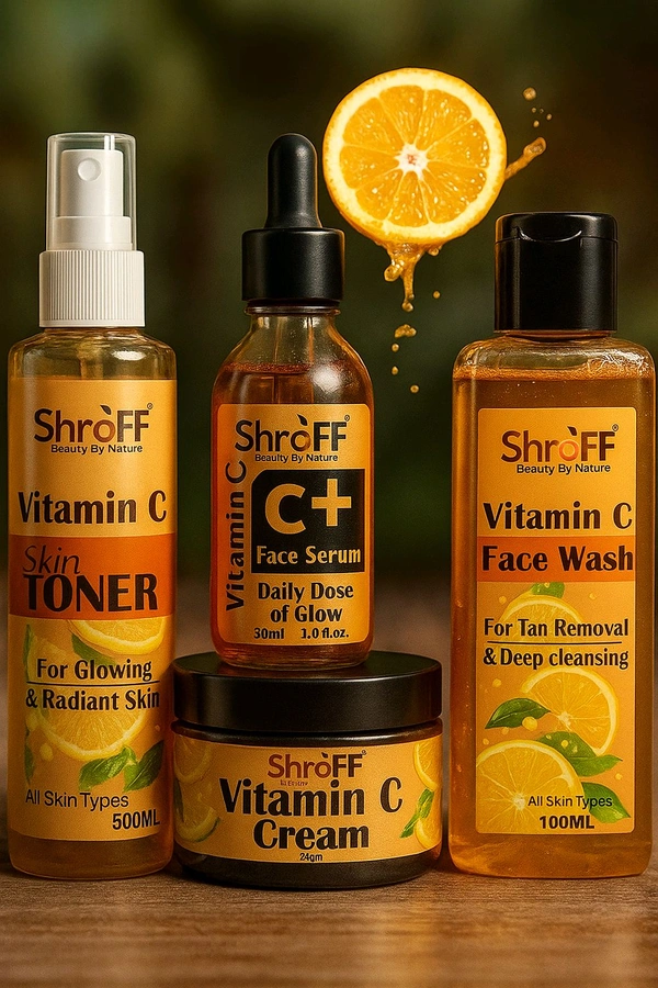 Shroff vitamin c toner (100ml) Pore Tightening Refreshing Toner, vitamin c face cream (50gm) Skin Repair, dark Circle, daily Glowing Skin, vitamin c serum (30ml) for face antiaging serum, vitamin c face wash (100ml) for oil control and remove pigmentation face wash for women men skin care combo pack of 4
