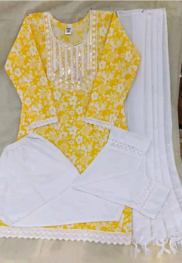 Yellow Woman Kurti Set Girl Dress Kurti Pant NEW DESING KURTA SET
Name: NEW DESING KURTA SET
Kurta Fabric: Cotton
Bottomwear Fabric: Cotton
Sleeve Length: Three-Quarter Sleeves
Pattern: Solid
Set Type: Kurta with Dupatta and Bottomwear
Stitch Type: Stitched
Net Quantity (N): Single
Sizes:
- L