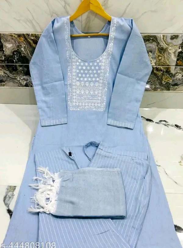 Light Blue Cotton Woman Kurti Pant Set Girl Kurta Set NEW DESING KURTA SET
Name: NEW DESING KURTA SET
Kurta Fabric: Cotton
Bottomwear Fabric: Cotton
Sleeve Length: Three-Quarter Sleeves
Pattern: Solid
Set Type: Kurta with Dupatta and Bottomwear
Stitch Type: Stitched
Net Quantity (N): Single
Sizes:
S - Xl