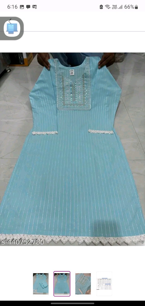 Soft Blue Cotton Woman Kurti Pant Set Girl Kurta Set NEW DESING KURTA SET
Name: NEW DESING KURTA SET
Kurta Fabric: Cotton
Bottomwear Fabric: Cotton
Sleeve Length: Three-Quarter Sleeves
Pattern: Solid
Set Type: Kurta with Dupatta and Bottomwear
Stitch Type: Stitched
Net Quantity (N): Single
Sizes:
S - M