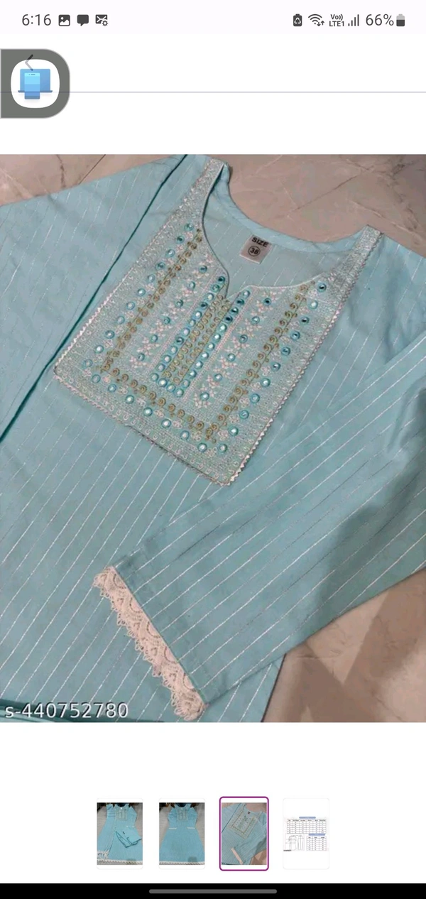 Soft Blue Cotton Woman Kurti Pant Set Girl Kurta Set NEW DESING KURTA SET
Name: NEW DESING KURTA SET
Kurta Fabric: Cotton
Bottomwear Fabric: Cotton
Sleeve Length: Three-Quarter Sleeves
Pattern: Solid
Set Type: Kurta with Dupatta and Bottomwear
Stitch Type: Stitched
Net Quantity (N): Single
Sizes:
S - M