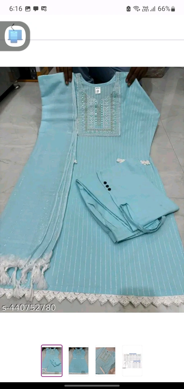 Soft Blue Cotton Woman Kurti Pant Set Girl Kurta Set NEW DESING KURTA SET
Name: NEW DESING KURTA SET
Kurta Fabric: Cotton
Bottomwear Fabric: Cotton
Sleeve Length: Three-Quarter Sleeves
Pattern: Solid
Set Type: Kurta with Dupatta and Bottomwear
Stitch Type: Stitched
Net Quantity (N): Single
Sizes:
S - Xl