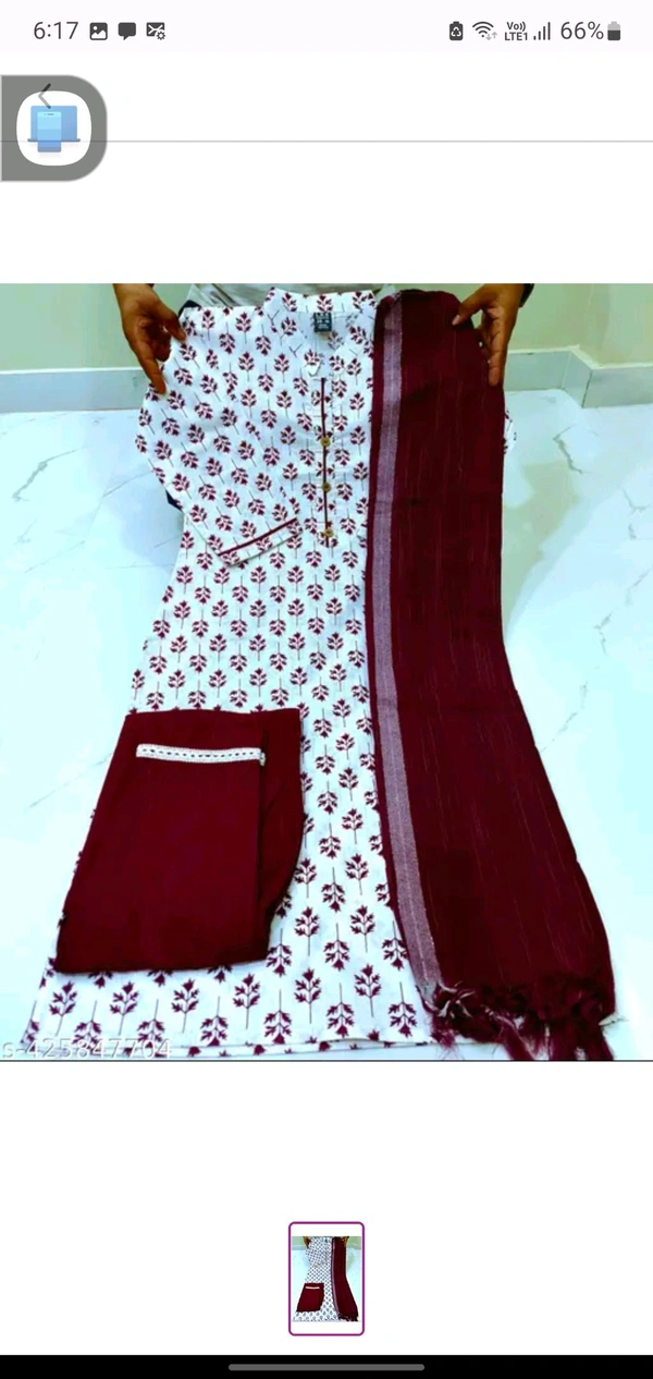 Maroon And White Cotton Woman Kurti Pant Set Girl Kurta Set NEW DESING KURTA SET
Name: NEW DESING KURTA SET
Kurta Fabric: Cotton
Bottomwear Fabric: Cotton
Sleeve Length: Three-Quarter Sleeves
Pattern: Solid
Set Type: Kurta with Dupatta and Bottomwear
Stitch Type: Stitched
Net Quantity (N): Single
Sizes:
S - S