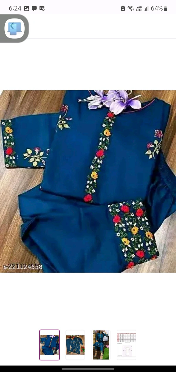 Dark Blue Cotton Woman Kurti Pant Set Girl Kurta Set NEW DESING KURTA SET
Name: NEW DESING KURTA SET
Kurta Fabric: Cotton
Bottomwear Fabric: Cotton
Sleeve Length: Three-Quarter Sleeves
Pattern: Solid
Set Type: Kurta with Dupatta and Bottomwear
Stitch Type: Stitched
Net Quantity (N): Single
Sizes:
S - Xl