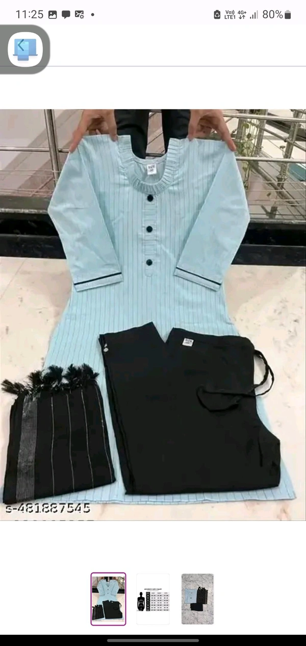 Light Blue And Black Pant Cotton Woman Kurti Pant Set Girl Kurta Set NEW DESING KURTA SET
Name: NEW DESING KURTA SET
Kurta Fabric: Cotton
Bottomwear Fabric: Cotton
Sleeve Length: Three-Quarter Sleeves
Pattern: Solid
Set Type: Kurta with Dupatta and Bottomwear
Stitch Type: Stitched
Net Quantity (N): Single
Sizes:
S - S