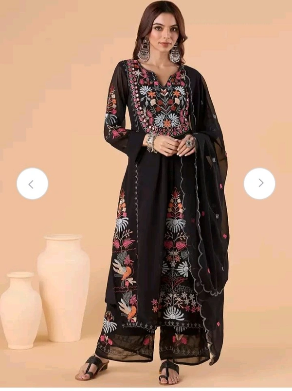 Floral Embroidered Regular Thread Work Straight Kurta With Palazzo & Dupatta 