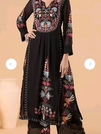 Floral Embroidered Regular Thread Work Straight Kurta With Palazzo & Dupatta - Black, M