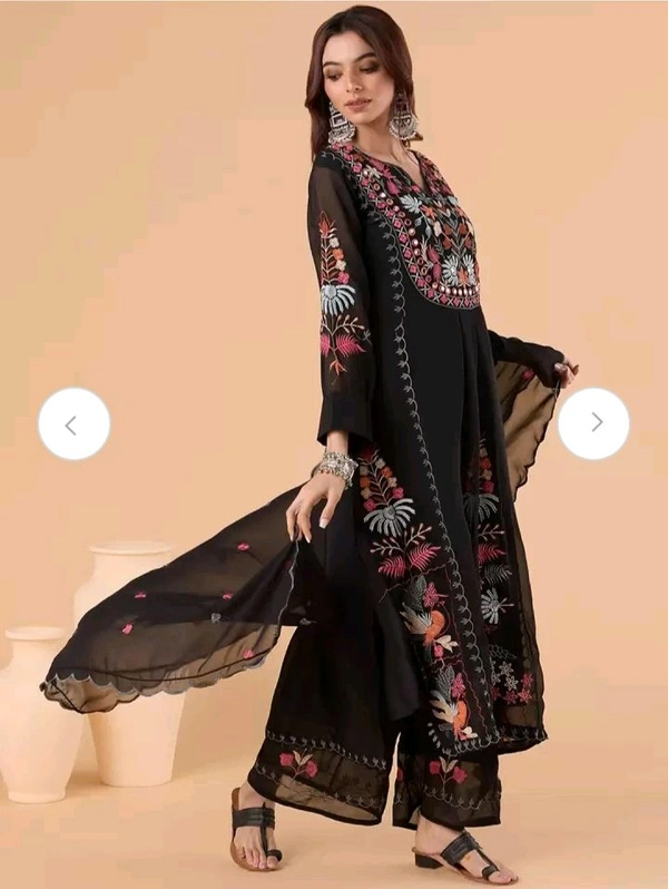 Floral Embroidered Regular Thread Work Straight Kurta With Palazzo & Dupatta - Black, M