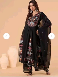 Floral Embroidered Regular Thread Work Straight Kurta With Palazzo & Dupatta - Black, M