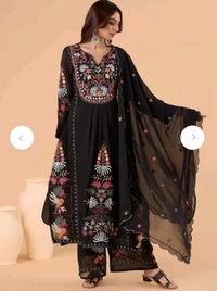 Floral Embroidered Regular Thread Work Straight Kurta With Palazzo & Dupatta - Black, M