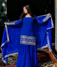 Georgette Embroidered Woman's Stitched Kurti Sharara Garara For Women - Blue, M