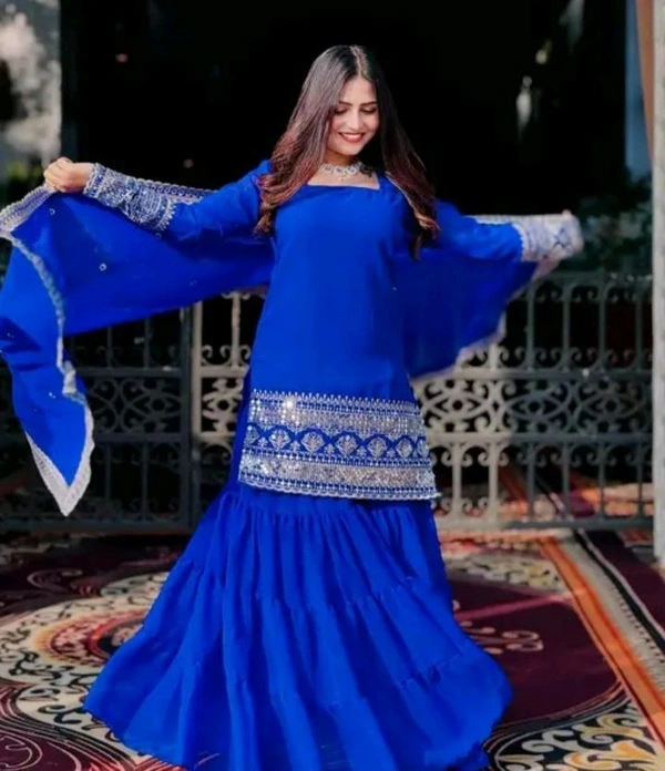 Georgette Embroidered Woman's Stitched Kurti Sharara Garara For Women - Blue, M