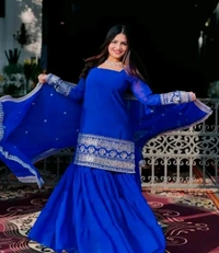 Georgette Embroidered Woman's Stitched Kurti Sharara Garara For Women - Blue, M