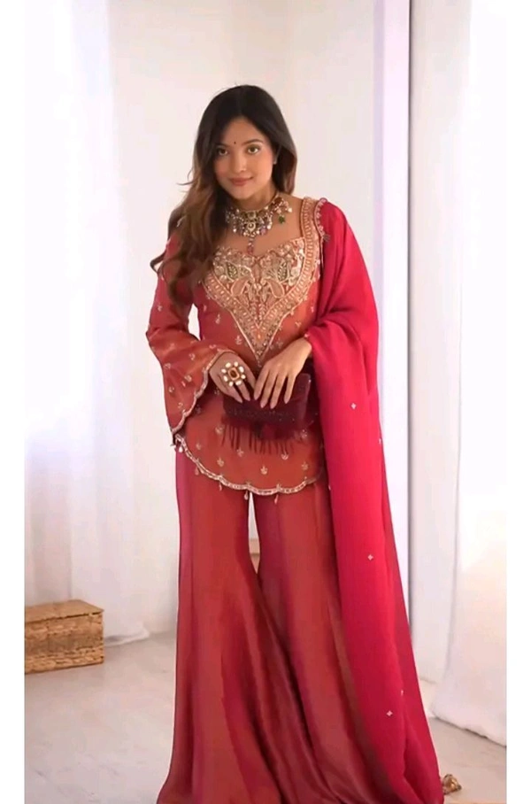 Embroidery Work With Fully Stitched Kurti Sharara For Women 