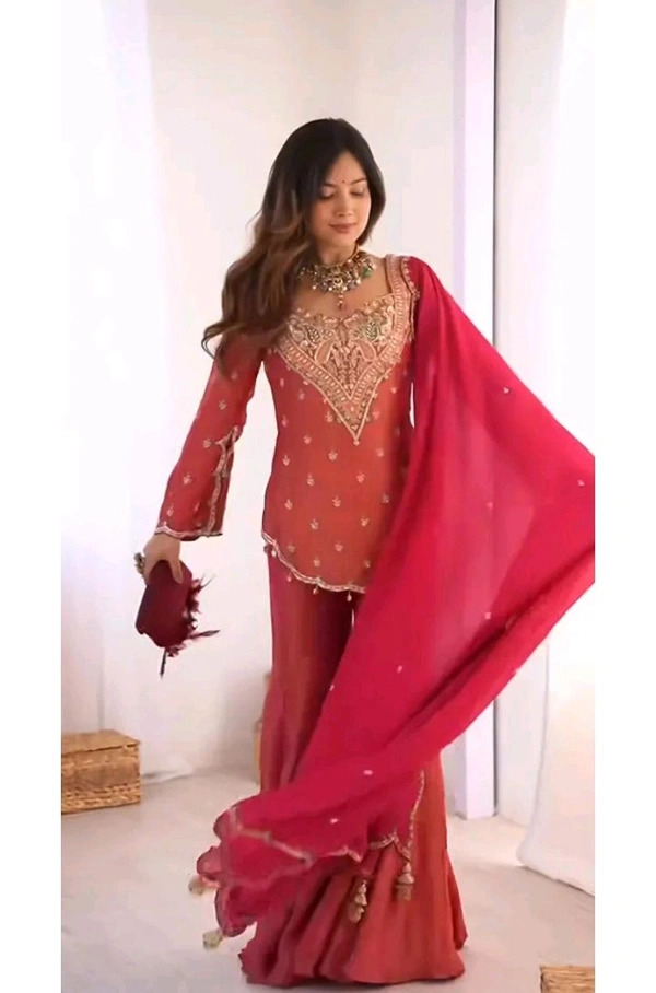 Embroidery Work With Fully Stitched Kurti Sharara For Women - M, Red