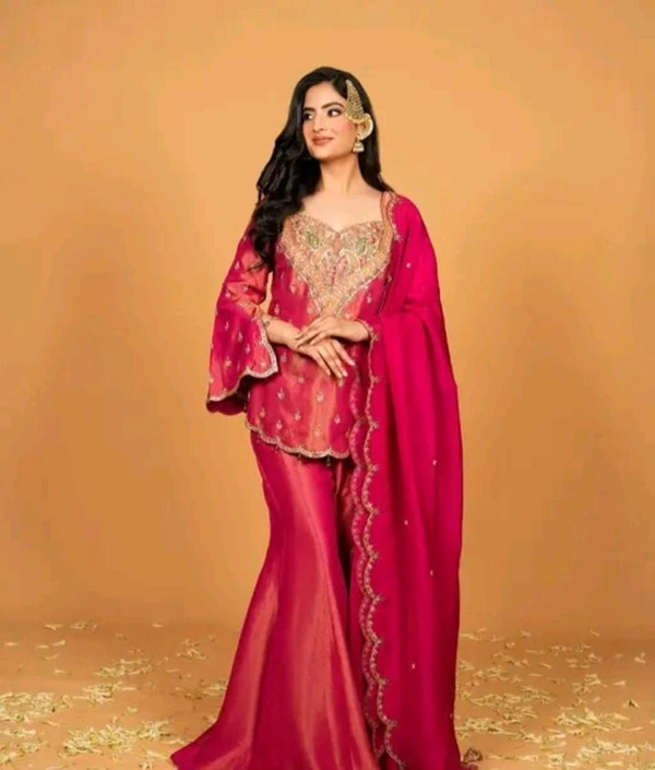 Embroidery Work With Fully Stitched Kurti Sharara For Women - M, Red