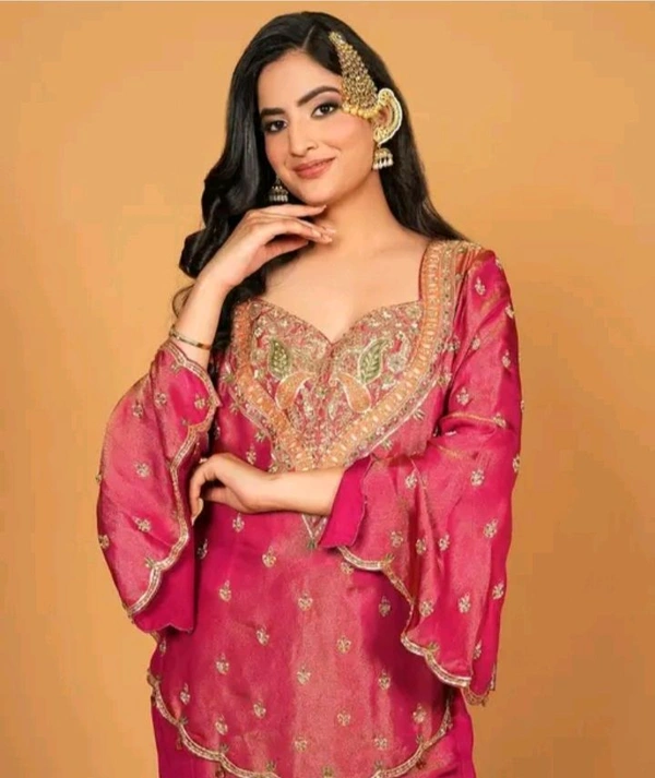 Embroidery Work With Fully Stitched Kurti Sharara For Women - M, Red