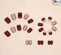 Vimich Set of 24 Artificial Reusable Nails in Golden And Maroon With Pearl And Glue