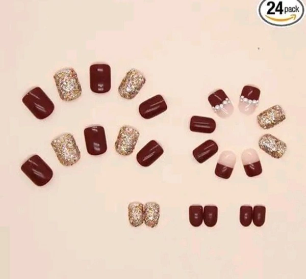 Vimich Set of 24 Artificial Reusable Nails in Golden And Maroon With Pearl And Glue