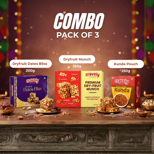 Cravely Dryfruit Munch (250g) + Kunda Pouch (250g) + Dryfruit Dates Bliss (200g)