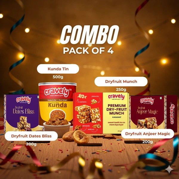 Cravely Dryfruit Munch (250g) + Kunda Tin (500g) + Dryfruit Dates Bliss (200g) + Dryfruit Anjeer Magic (200g)