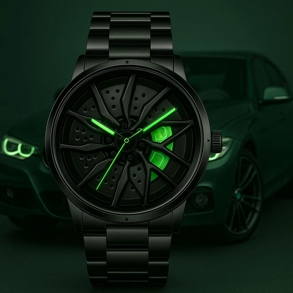 Green ๐ข BMW Stainless Steel ๐Car Wheel Watch - green