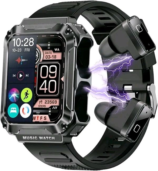 WatchOut WearPods Smartwatch with Wireless Earbuds, GPS Fitness Tracker, Music Storage, Heart Rate, Always-on HD Display, Best Headphones & Smart Watch in one Gift (Black Commando)