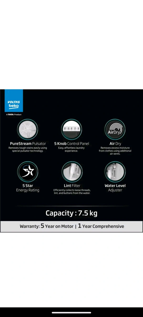 Voltas Beko 7.5 kg Semi Automatic Top Load Grey, White
(WTT75UHA/OK5S1S1W01)