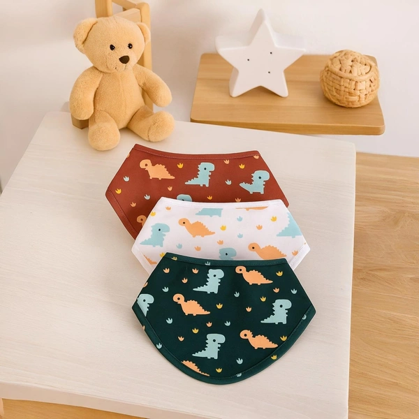 adhigams Dino Doodle Cotton Baby Neck Cloth Feeding Drool Bibs With Adjustable Snap Button Closure, Super Absorbent & Reusable, Soft, Comfortable & Lightweight Bandana, Bibs - 0-12 M