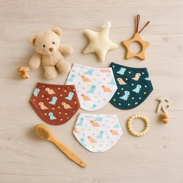 adhigams Dino Doodle Cotton Baby Neck Cloth Feeding Drool Bibs With Adjustable Snap Button Closure, Super Absorbent & Reusable, Soft, Comfortable & Lightweight Bandana, Bibs - 0-12 M