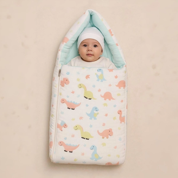 Adhigams New Born Dino Stylish Muslin Sleeping Bag/Carry Nest/Portable Bassinet | Baby Sleeping Bag for Baby boy and Girl (Pack of 1) (0 to 6 Months) (White)