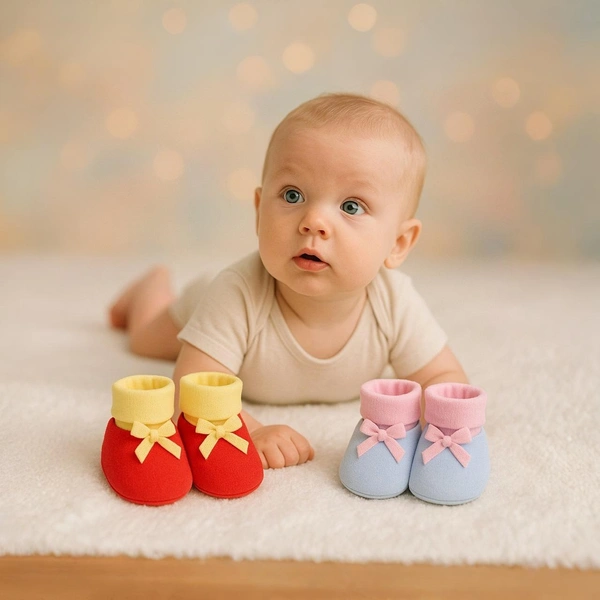 Adhigams Bubbly Bear New Born Baby Stylish Cotton Booties for Baby boy and Girl | For 0 to 12 Months (Pack of 2) - 0-6 M