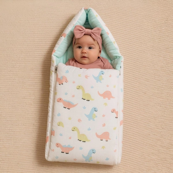 Adhigams New Born Dino Stylish Muslin Sleeping Bag/Carry Nest/Portable Bassinet | Baby Sleeping Bag for Baby boy and Girl (Pack of 1) (0 to 6 Months) (White)