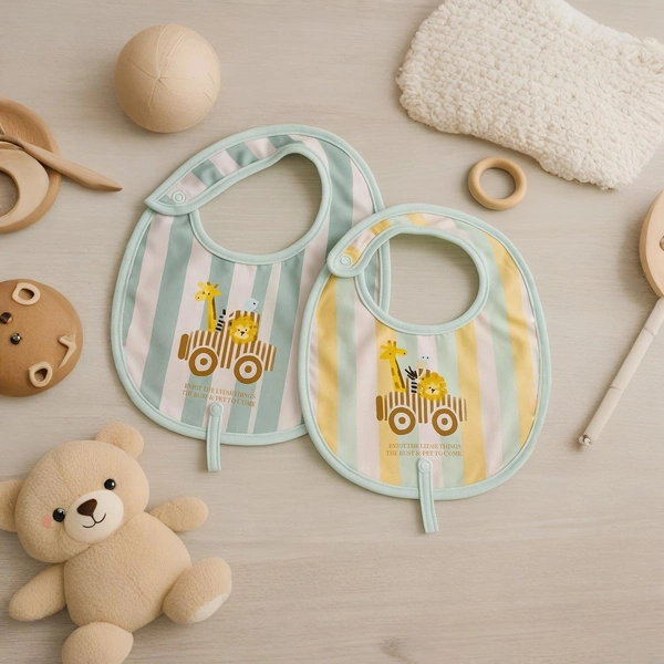 adhigams Jungle On Wheels Cotton Baby Neck Cloth Feeding Drool Bibs With Adjustable Snap Button Closure, Super Absorbent & Reusable, Soft, Comfortable & Lightweight Bandana, Bibs - 0-12 M