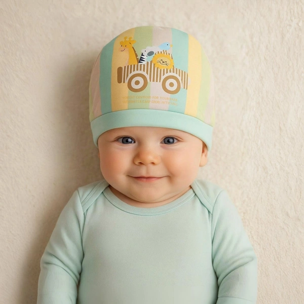 Adhigams New Born Jungle on Wheels Stylish Cotton Caps/Topi/Hats | Cotton Baby Cap for Baby boy and Girl (Pack of 2) (0 to 6, 6 to 12 Months) - 0-6 Months