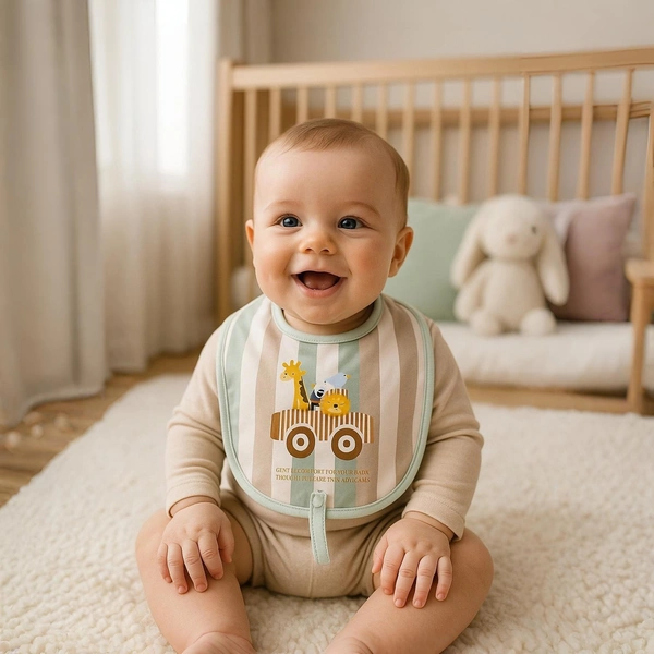 adhigams Jungle On Wheels Cotton Baby Neck Cloth Feeding Drool Bibs With Adjustable Snap Button Closure, Super Absorbent & Reusable, Soft, Comfortable & Lightweight Bandana, Bibs - 0-12 M