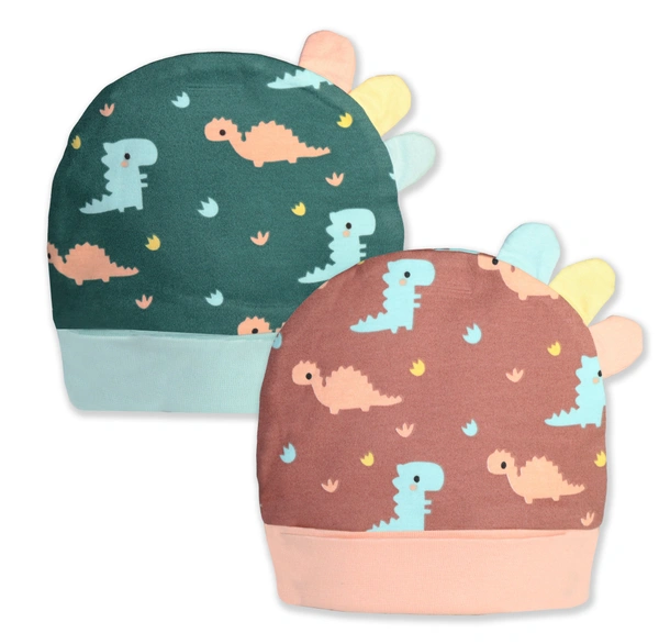 Adhigams New Born Dino Doodle Stylish Cotton Caps/Topi/Hats | Cotton Baby Cap for Baby boy and Girl (Pack of 2) (0 to 6, 6 to 12 Months) - 6-12 M, MULTICOLOR