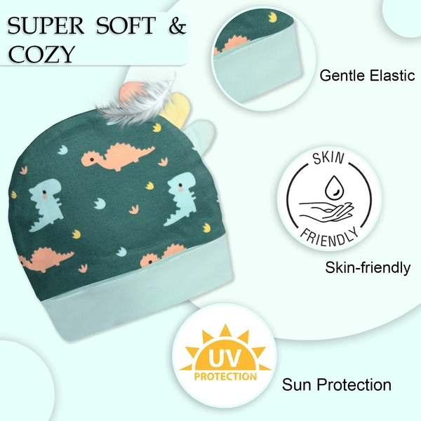 Adhigams New Born Dino Doodle Stylish Cotton Caps/Topi/Hats | Cotton Baby Cap for Baby boy and Girl (Pack of 2) (0 to 6, 6 to 12 Months) - 6-12 M, MULTICOLOR