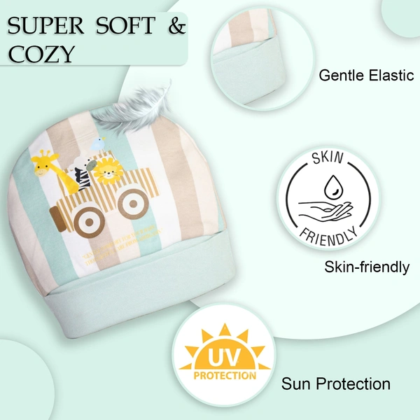 Adhigams New Born Jungle on Wheels Stylish Cotton Caps/Topi/Hats | Cotton Baby Cap for Baby boy and Girl (Pack of 2) (0 to 6, 6 to 12 Months) - 0-6 Months