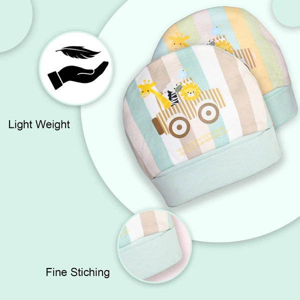 Adhigams New Born Jungle on Wheels Stylish Cotton Caps/Topi/Hats | Cotton Baby Cap for Baby boy and Girl (Pack of 2) (0 to 6, 6 to 12 Months) - 0-6 Months