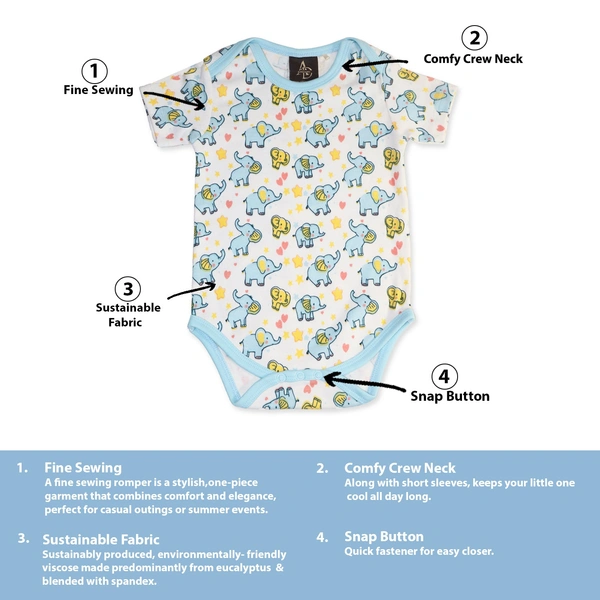 Adhigams Baby Elephant New Born Baby Unisex Rompers/Jumpsuit/Sleepsuit/Night Suits for Baby Boys & Girls, Infants, 100% Pure Cotton Suit (0-3/3-6/6-9/9-12/12-18 Months) (Pack of 1) (White) - 0-3 M