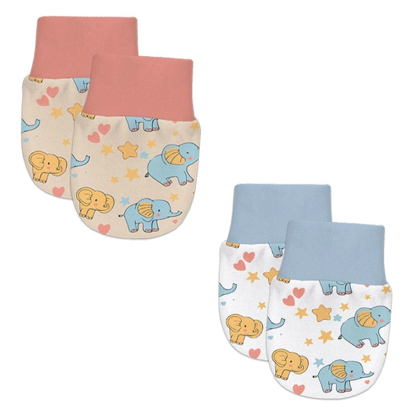 Adhigams Baby Elephant Newborn Cotton Hand Gloves/Muthi/Hosiery Mittens Set with Gentle Elastic Thread Wristbands | Unisex Mittens for 0-12 Months (Pack of 2 Pairs) - 0-6 M