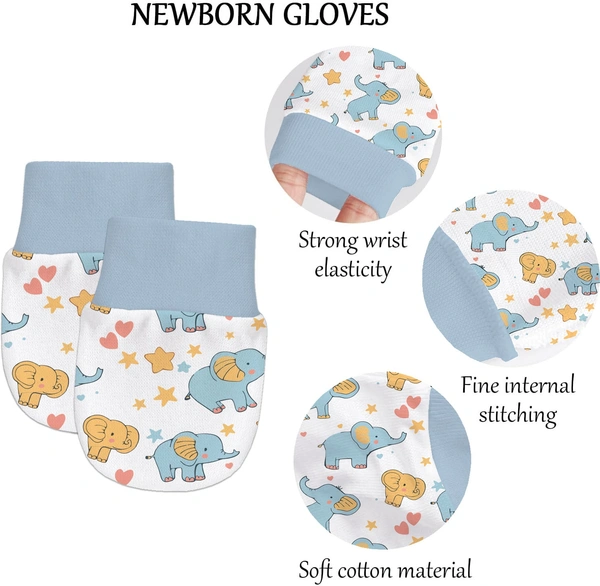 Adhigams Baby Elephant Newborn Cotton Hand Gloves/Muthi/Hosiery Mittens Set with Gentle Elastic Thread Wristbands | Unisex Mittens for 0-12 Months (Pack of 2 Pairs) - 0-6 M