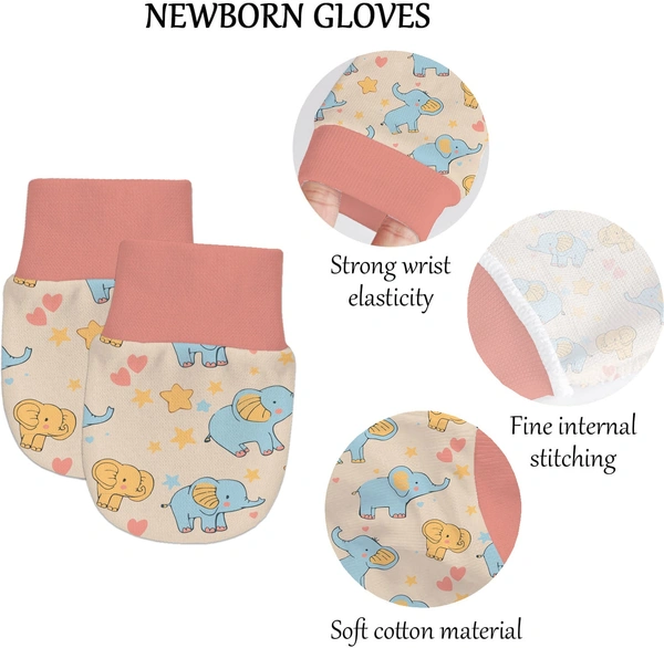 Adhigams Baby Elephant Newborn Cotton Hand Gloves/Muthi/Hosiery Mittens Set with Gentle Elastic Thread Wristbands | Unisex Mittens for 0-12 Months (Pack of 2 Pairs) - 0-6 M