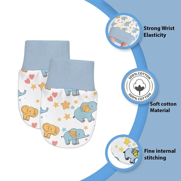Adhigams Baby Elephant Newborn Cotton Hand Gloves/Muthi/Hosiery Mittens Set with Gentle Elastic Thread Wristbands | Unisex Mittens for 0-12 Months (Pack of 2 Pairs) - 0-6 M