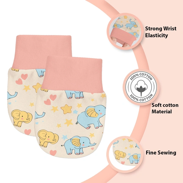 Adhigams Baby Elephant Newborn Cotton Hand Gloves/Muthi/Hosiery Mittens Set with Gentle Elastic Thread Wristbands | Unisex Mittens for 0-12 Months (Pack of 2 Pairs) - 0-6 M