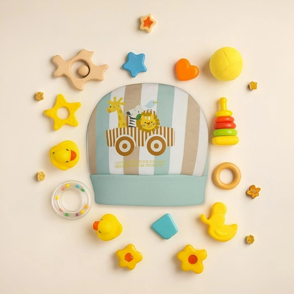 Adhigams New Born Jungle on Wheels Stylish Cotton Caps/Topi/Hats | Cotton Baby Cap for Baby boy and Girl (Pack of 2) (0 to 6, 6 to 12 Months) - 0-6 Months