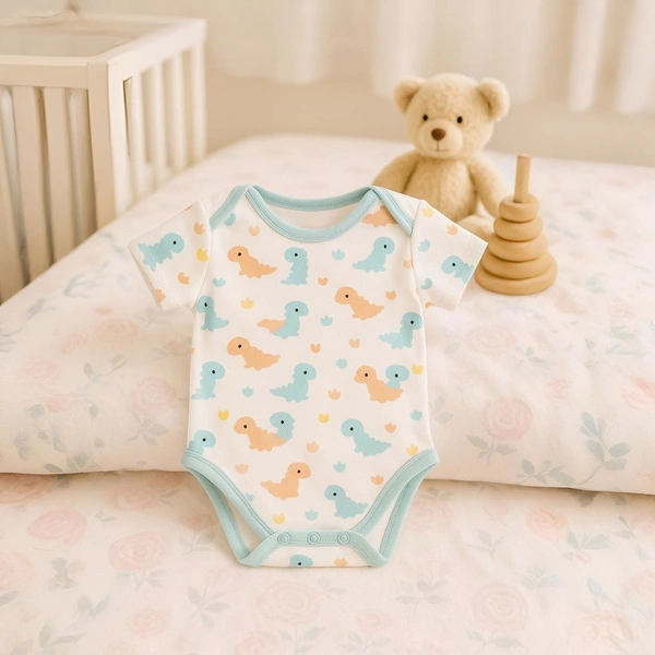 Adhigams Dino Doodle-New Born Baby Unisex Rompers/Jumpsuit/Sleepsuit/Night Suits For Baby Boys & Girls, Infants, 100% Pure Cotton Suit (0-3/3-6/6-9/9-12/12-18 Months) (Pack Of 1) (White)