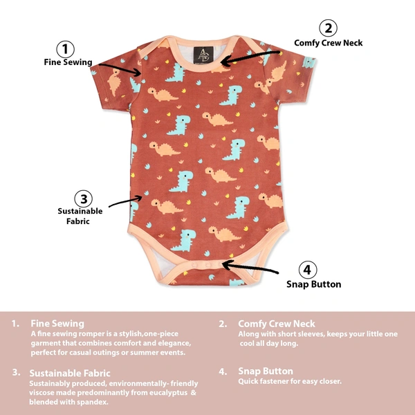 Adhigams Dino Doodle New Born Baby Unisex Rompers/Jumpsuit/Sleepsuit/Night Suits for Baby Boys & Girls, Infants, 100% Pure Cotton Suit (0-3/3-6/6-9/9-12/12-18 Months) (Pack of 1) (Brown)